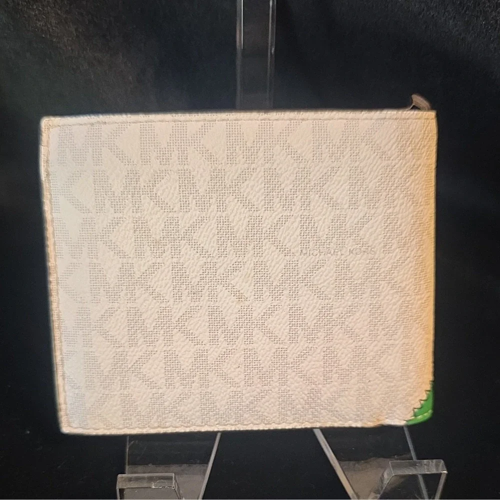Michael Kors Logo Pattern Bifold Wallet Credit Card Holder White Green Beige